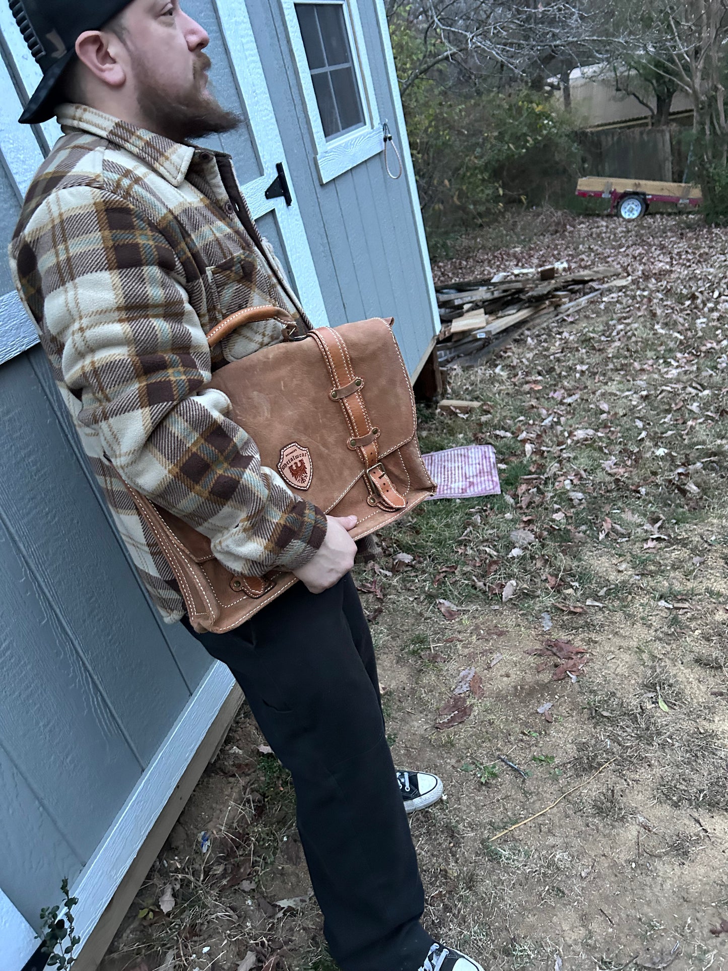 Light Tan Leather Messenger Bag lifestyle pic 3