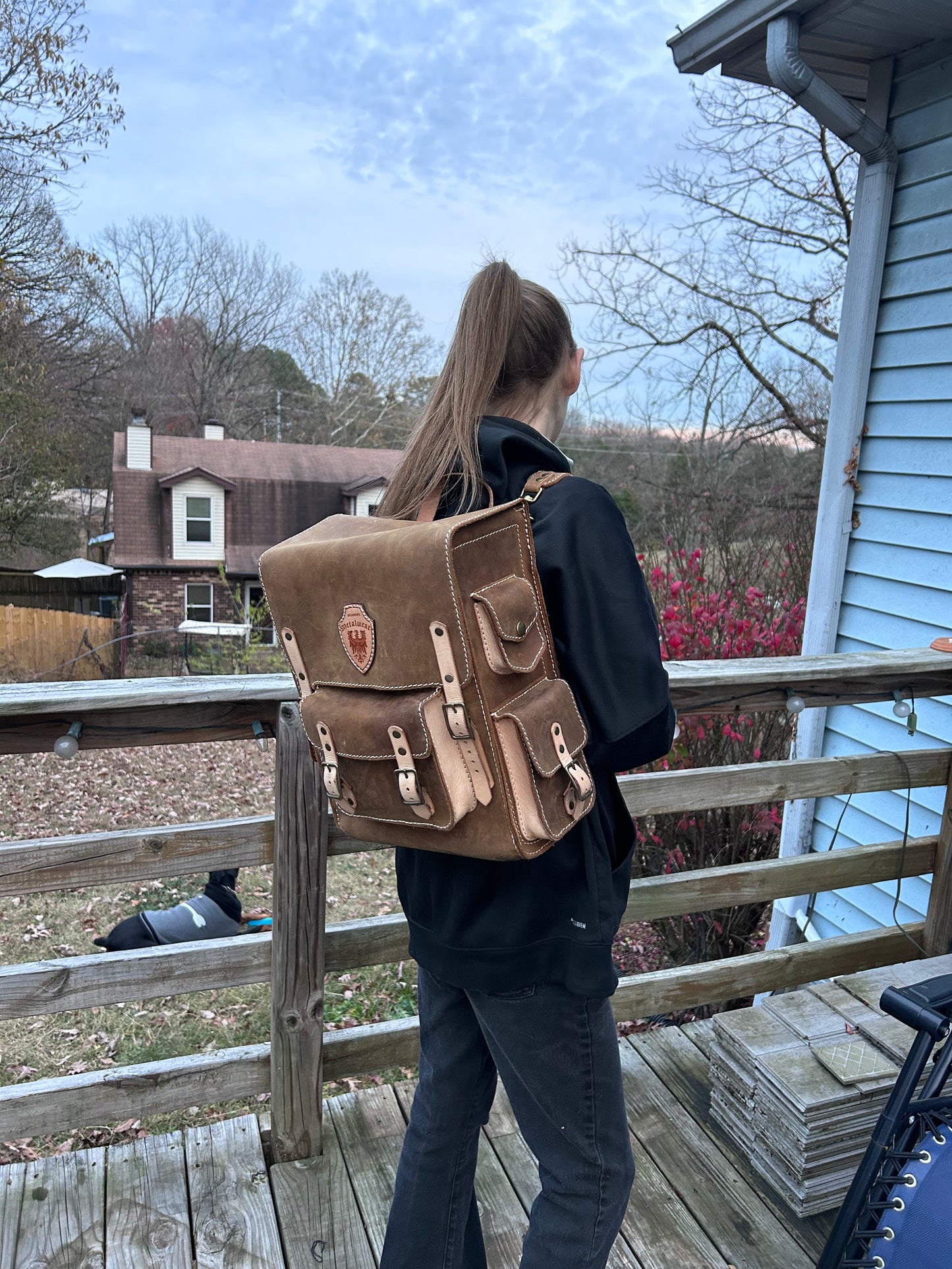 Leather Explorer Backpack front lifestyle 