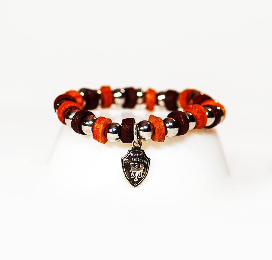 Beaded Bracelet Light and Dark Brown Leather with Stainless Beads - Image #1