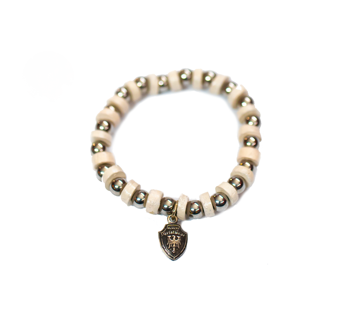 Beaded Bracelet White Leather with Stainless Beads - Image #1