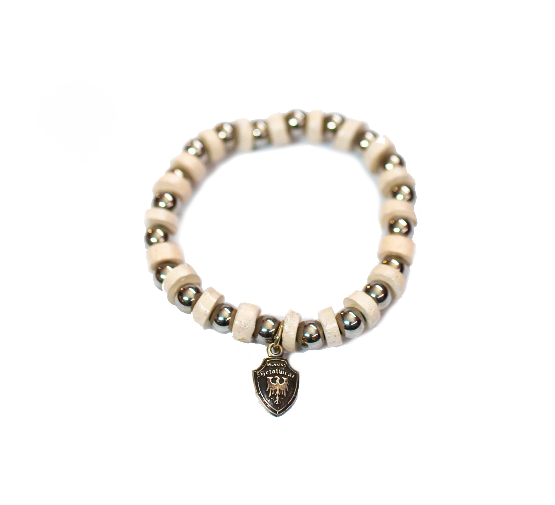 Beaded Bracelet White Leather with Stainless Beads - Image #1