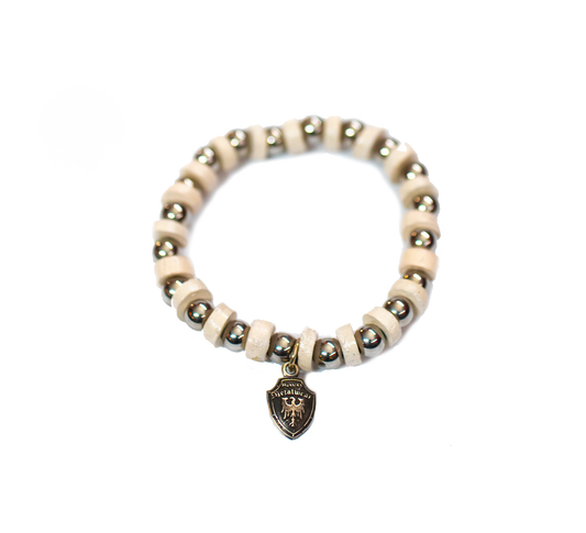 Beaded Bracelet White Leather with Stainless Beads - Image #1