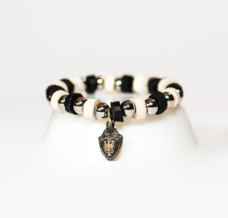 Beaded Bracelet Black and White Leather - Stainless Beads - Sterling Silver Pendant