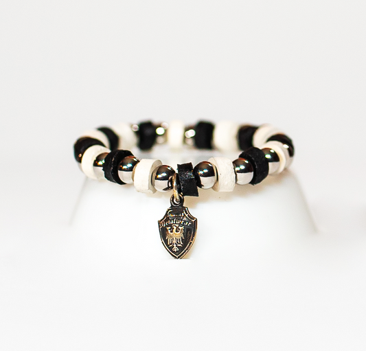 Beaded Bracelet Black and White Leather - Stainless Beads - Sterling Silver Pendant
