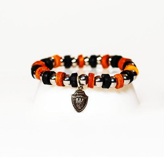 Beaded Bracelet Black and Light Brown Leather with Stainless Beads