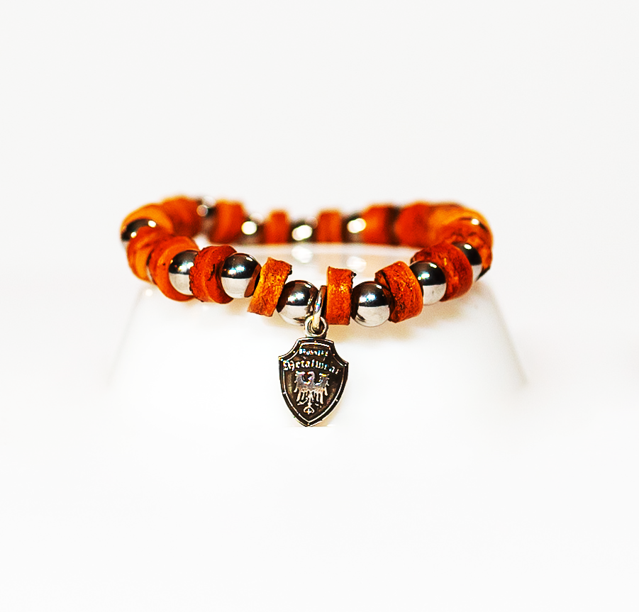 Beaded Bracelet Light Brown Leather with Stainless Beads