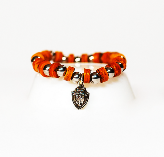 Beaded Bracelet Light Brown Leather with Stainless Beads