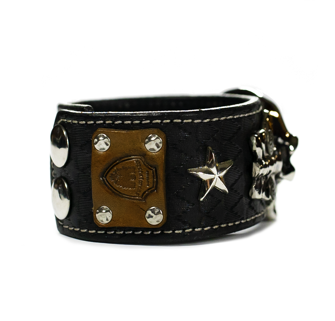 Big Skull Black Leather Bracelet Cuff Label side