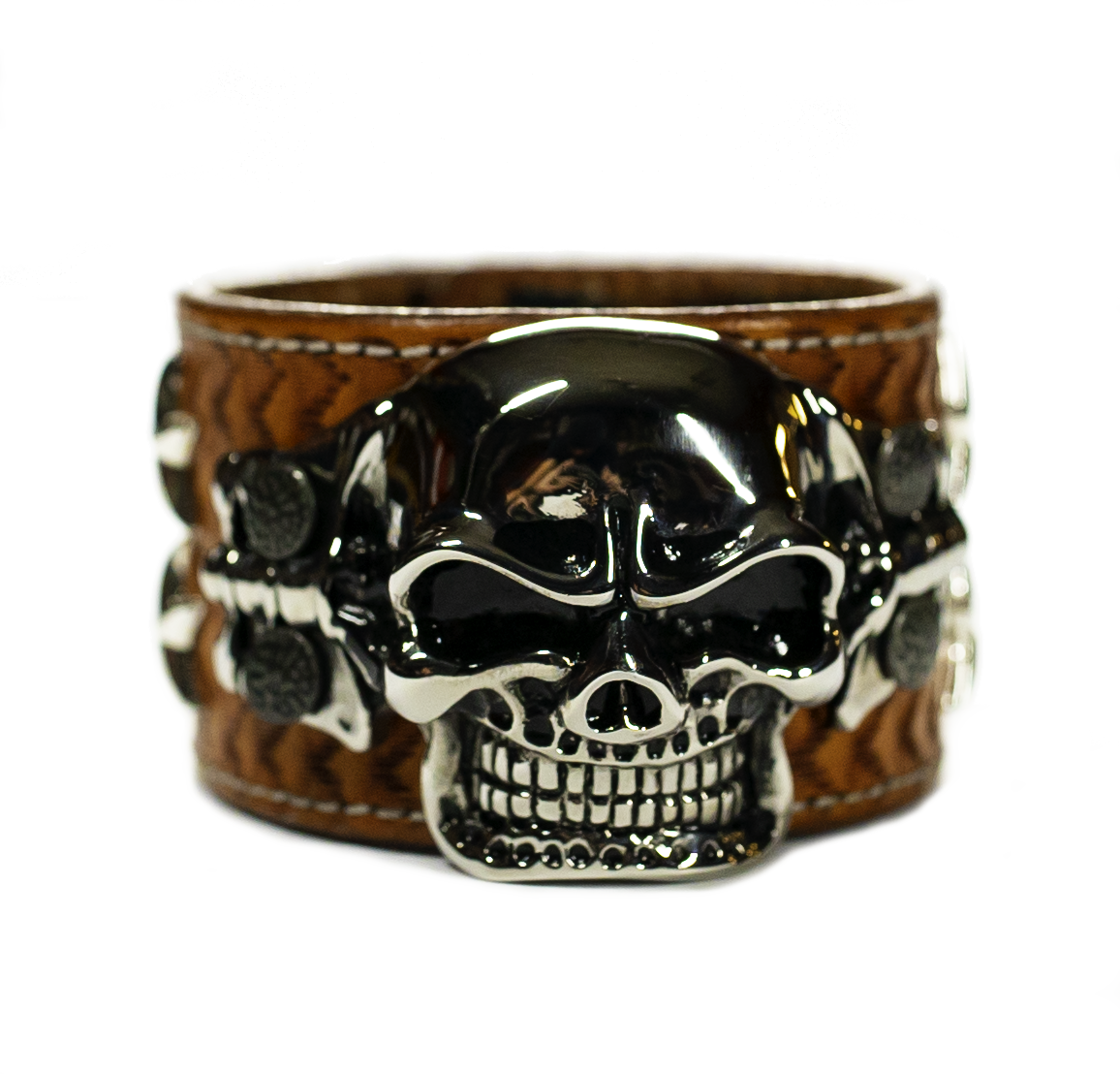 The Big Skull Tan Leather Cuff