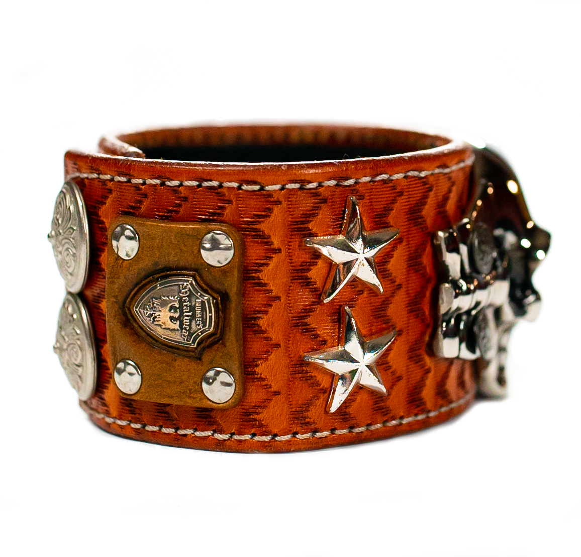 The Big Skull Tan Leather Cuff