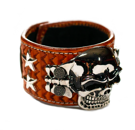 The Big Skull Tan Leather Cuff
