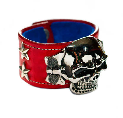 The Big Skull Red Leather Cuff top view
