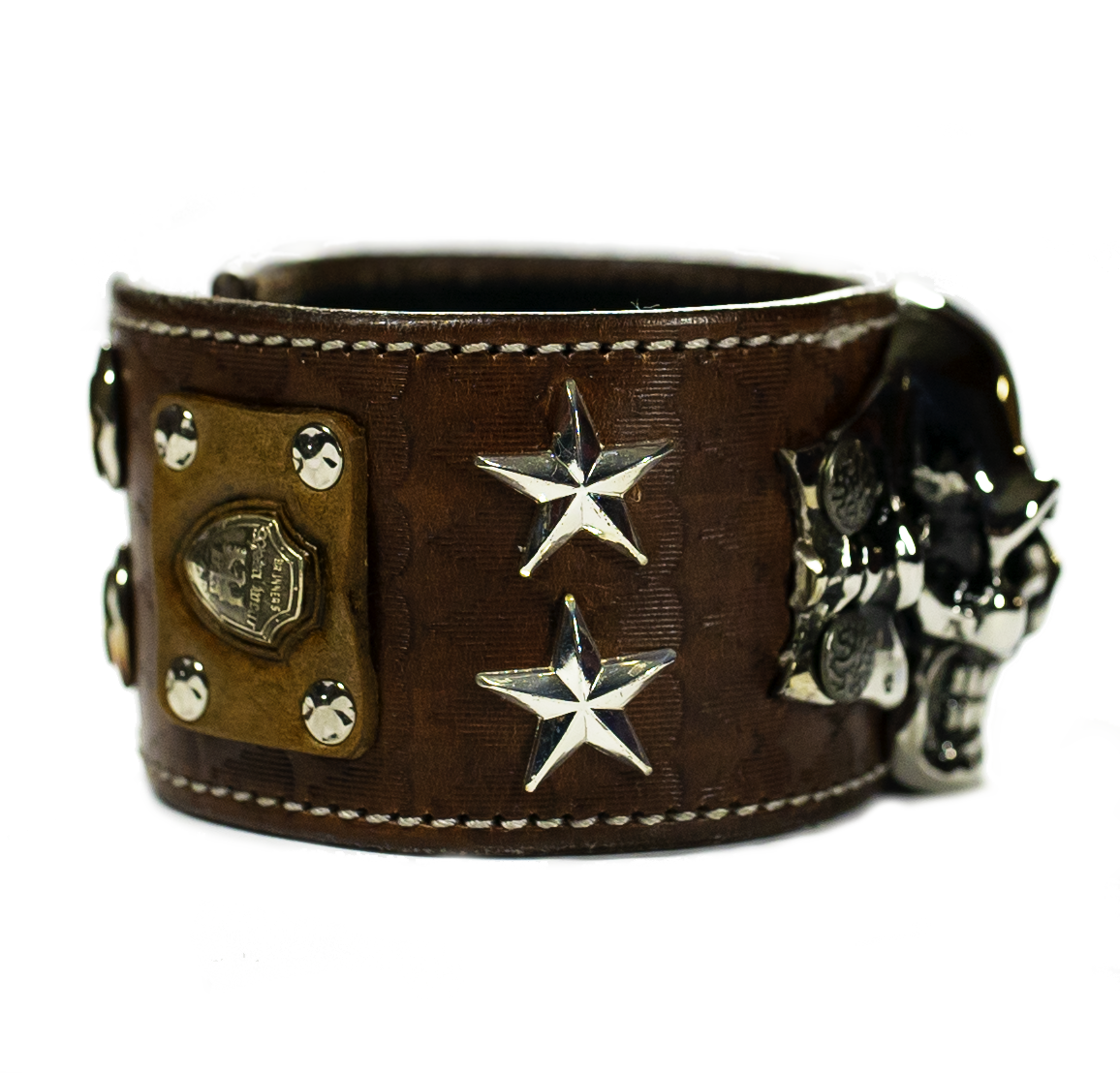 The Big Skull Dark Brown Leather Cuff label side