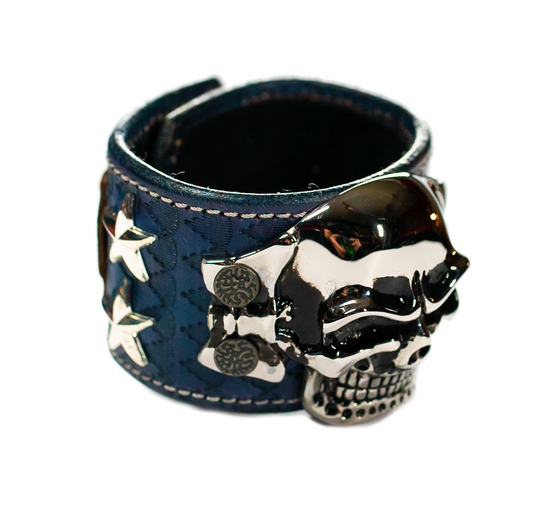 The Big Skull Navy Leather Cuff top view