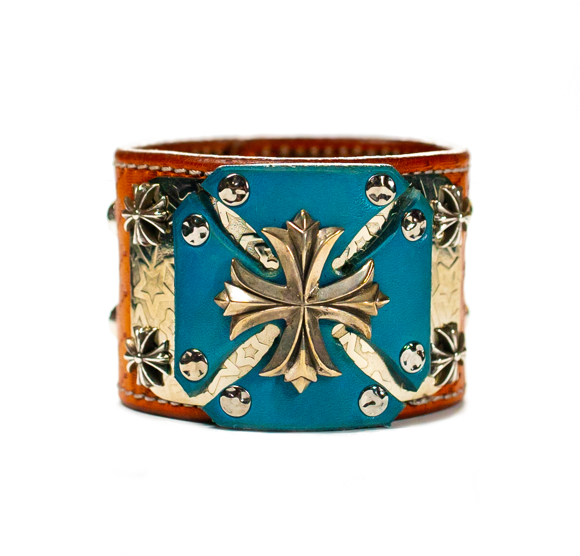 Sir Charles (Sterling Silver) - Turquoise on Brown Leather Bracelet front