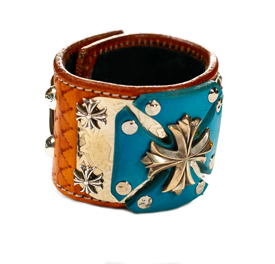 Sir Charles (Sterling Silver) - Turquoise on Brown Leather Bracelet top view