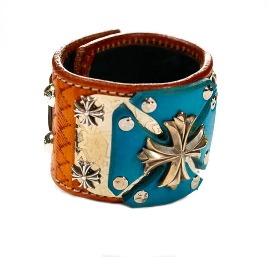 Sir Charles (Sterling Silver) - Turquoise on Brown Leather Bracelet top view