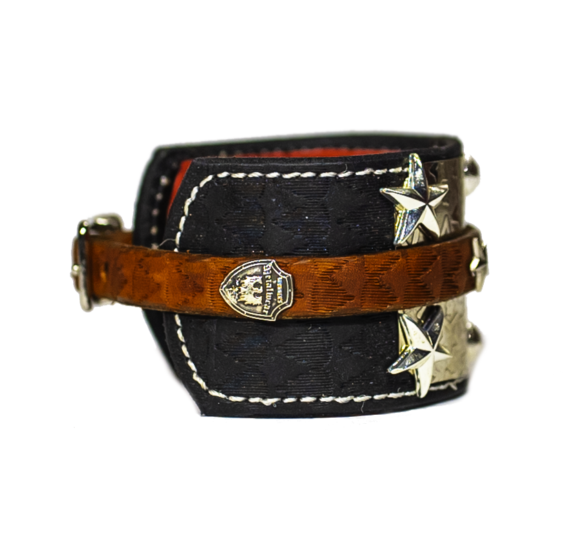 The Buckler Black Leather Bracelet sterling silver pendant label side