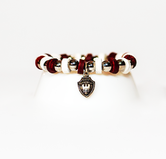 Beaded Bracelet Red and White Leather with Stainless Beads - Image #1