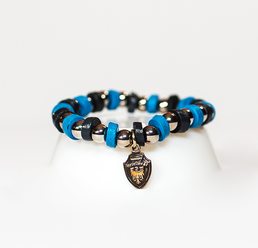 Beaded Bracelet Black/Light Blue Leather Front