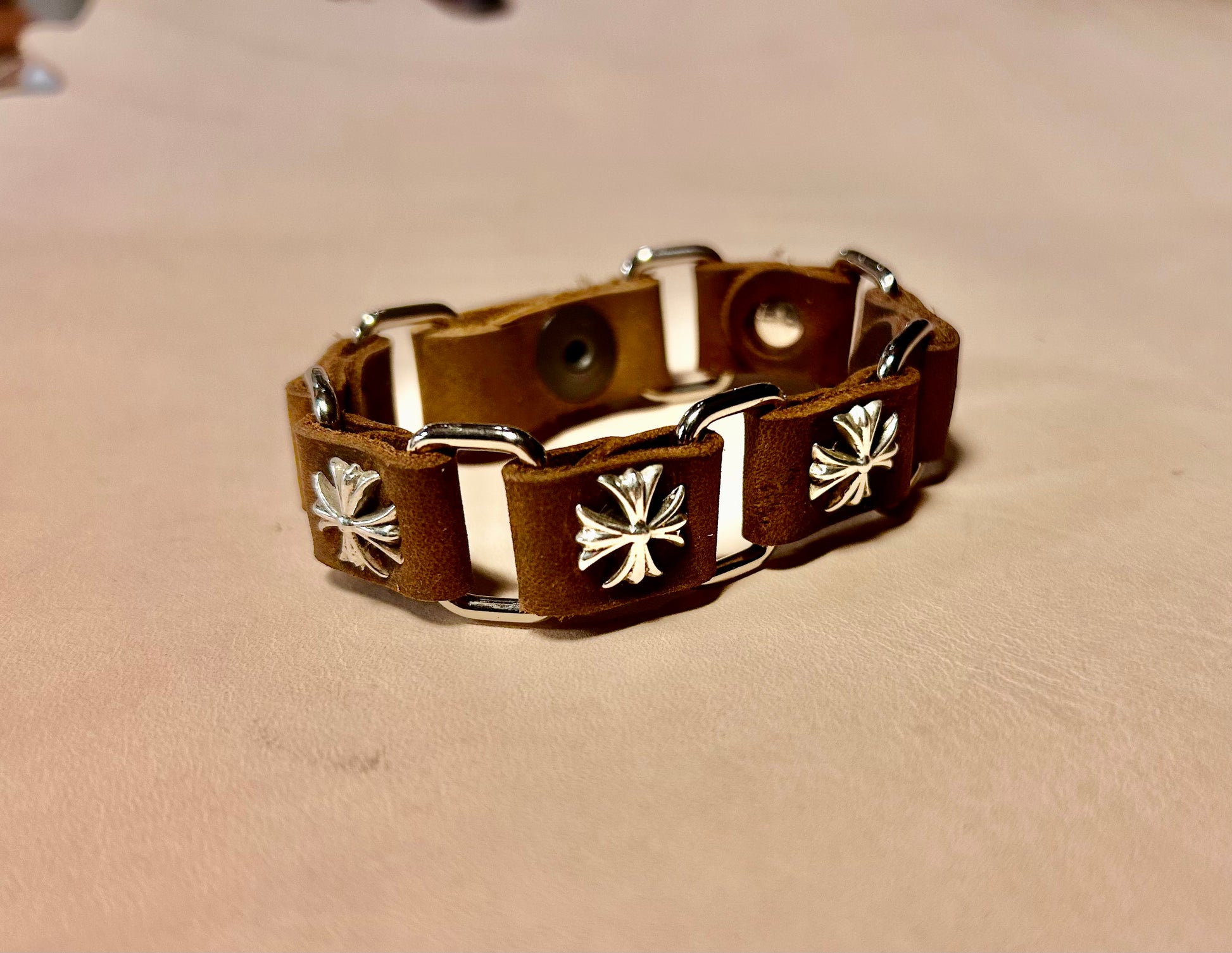 The Monarch (Sterling Silver) Maltese Cross Link Leather Bracelet front