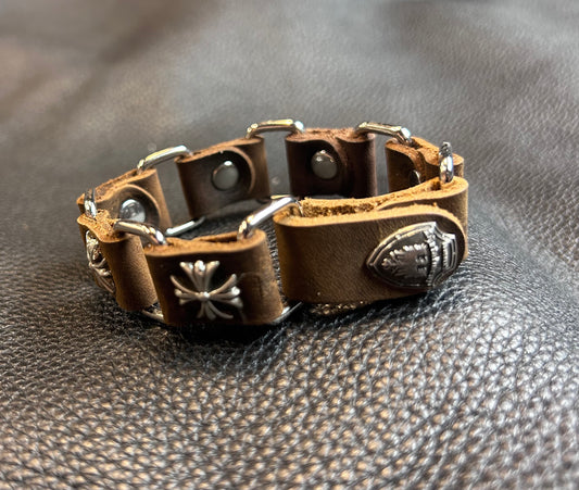 The Monarch (Sterling Silver) Maltese Cross Link Leather Bracelet label snap side