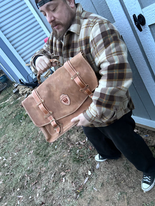 Light Tan Leather Messenger Bag Lifestyle front pic