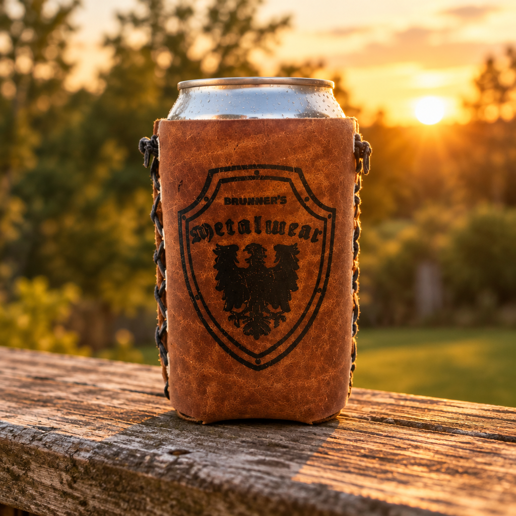 Beer koozie on a wooden deck railing