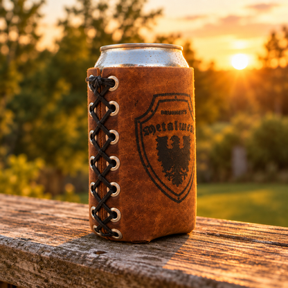 Beer koozie turned to show its laced side