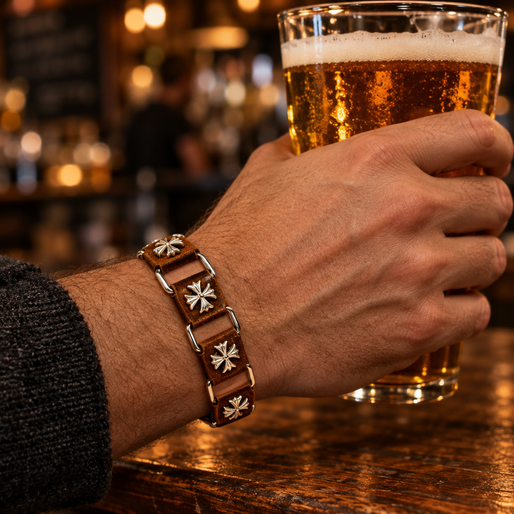 Brown Monarch bracelet at a bar with a beer