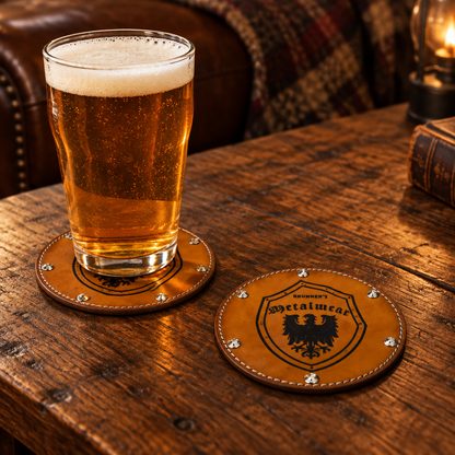 Leather coaster set on a side table with a beer