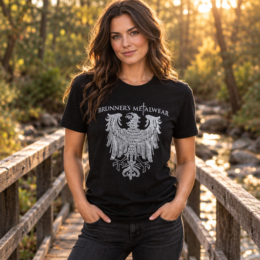 Woman wearing the Silver Bird Graphic T-Shirt on a creek bridge