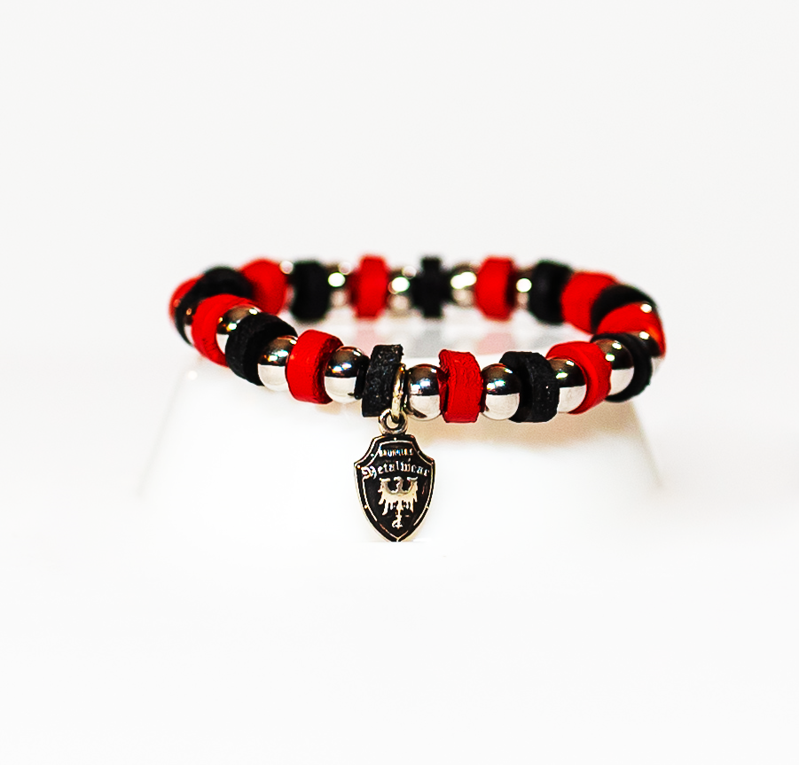 Beaded Bracelet Ferrari Red and Black Leather with Stainless Beads - Image #1