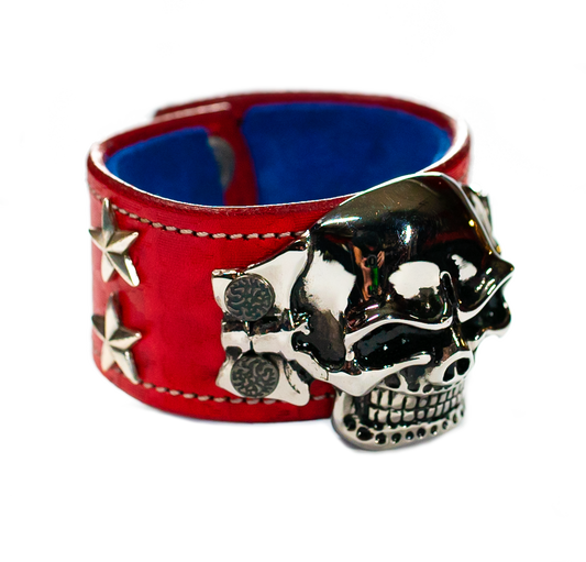 The Big Skull Red Leather Cuff top view