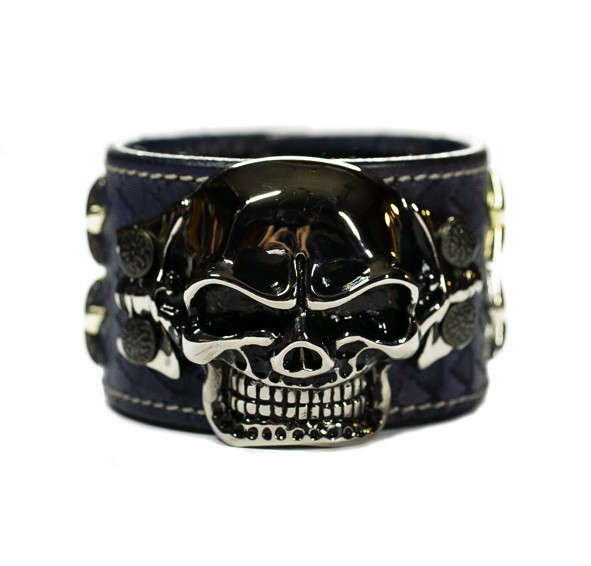 The Big Skull Navy Leather Cuff front