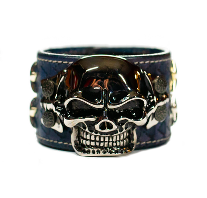 The Big Skull Navy Leather Cuff front