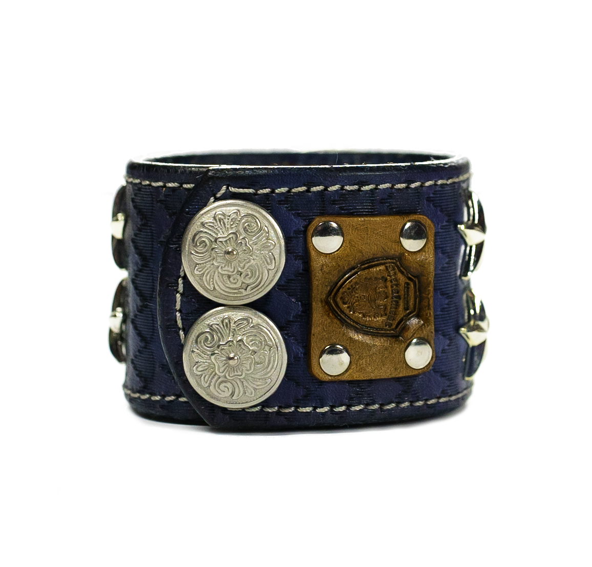 The Big Skull Navy Leather Cuff back side