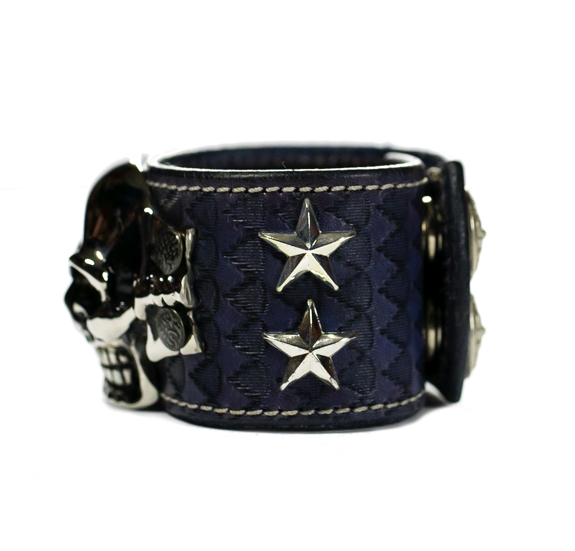 The Big Skull Navy Leather Cuff left side
