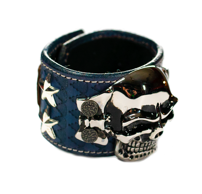 The Big Skull Navy Leather Cuff top view