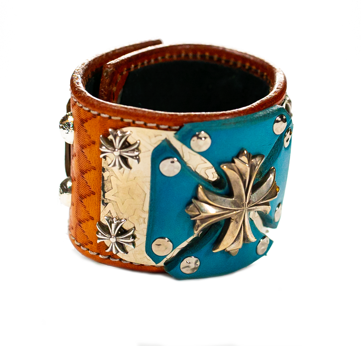 Sir Charles (Sterling Silver) - Turquoise on Brown Leather Bracelet top view 
