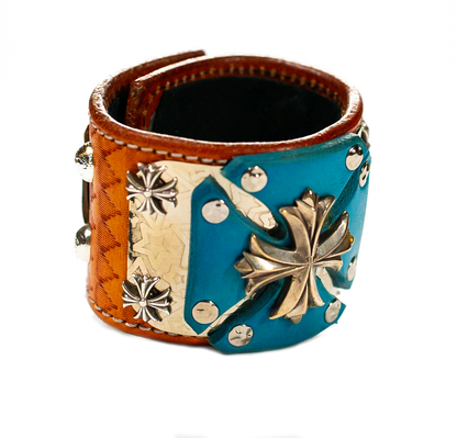 Sir Charles (Sterling Silver) - Turquoise on Brown Leather Bracelet top view 