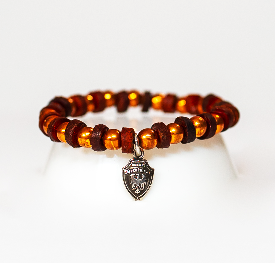 Beaded Bracelet Dark Brown Leather Copper Beads - Image #1