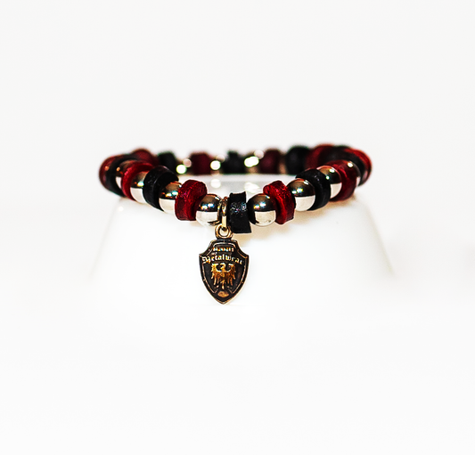 Beaded Bracelet Burgundy and Black Leather with Stainless Beads - Image #1